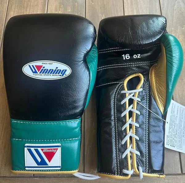 Winning Boxing Gloves Black/Gold/Green Lace-Up