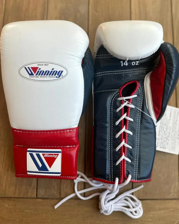 Winning Boxing Gloves White/Blue/Red Lace-Up