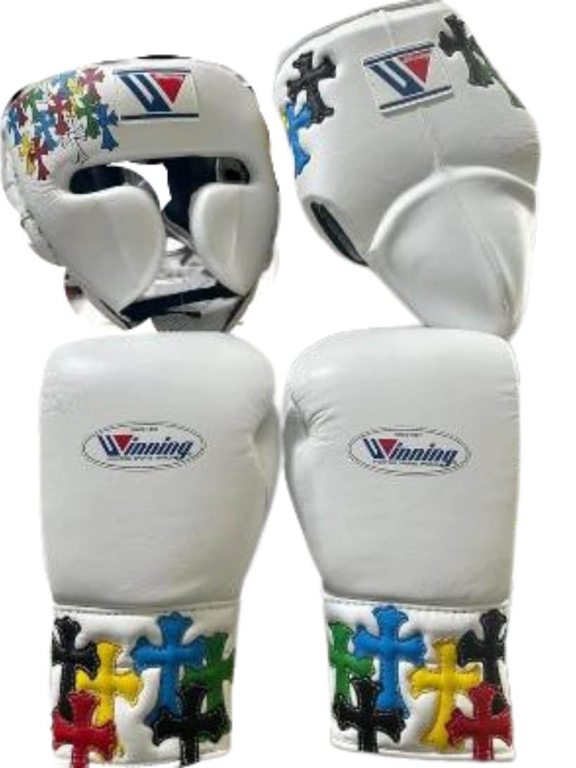 Winning Boxing Set White Chrome Hearyt Style Sparring Set
