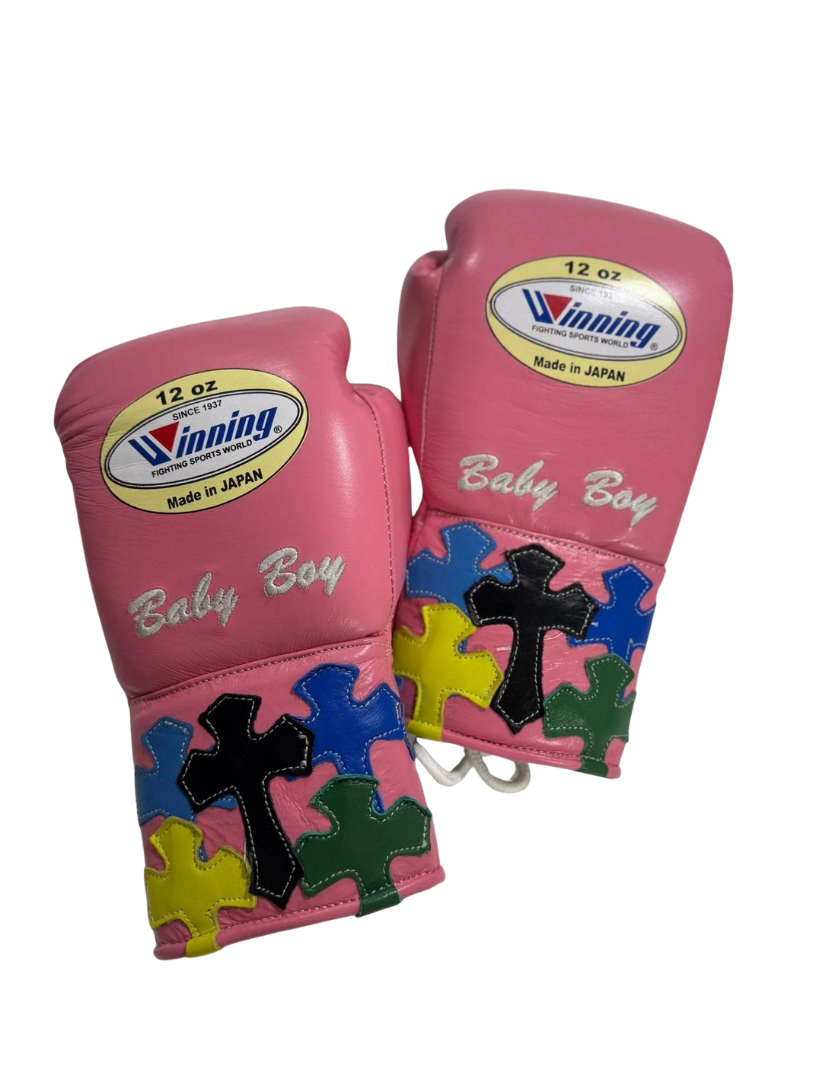 Winning Boxing Set Pink Chrome Heart Style  Leather