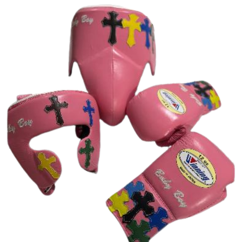 Winning Boxing Set Pink Chrome Heart Style  Leather
