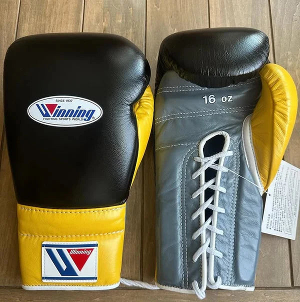 Winning Boxing Gloves Black/Grey/Yellow Lace-Up