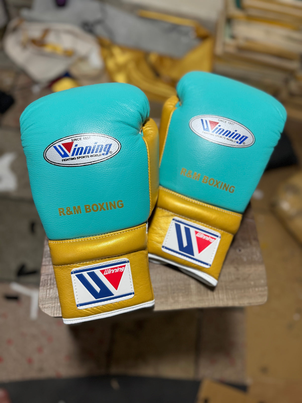 Winning Boxing Gloves Sky-Blue/Gold Lace-Up