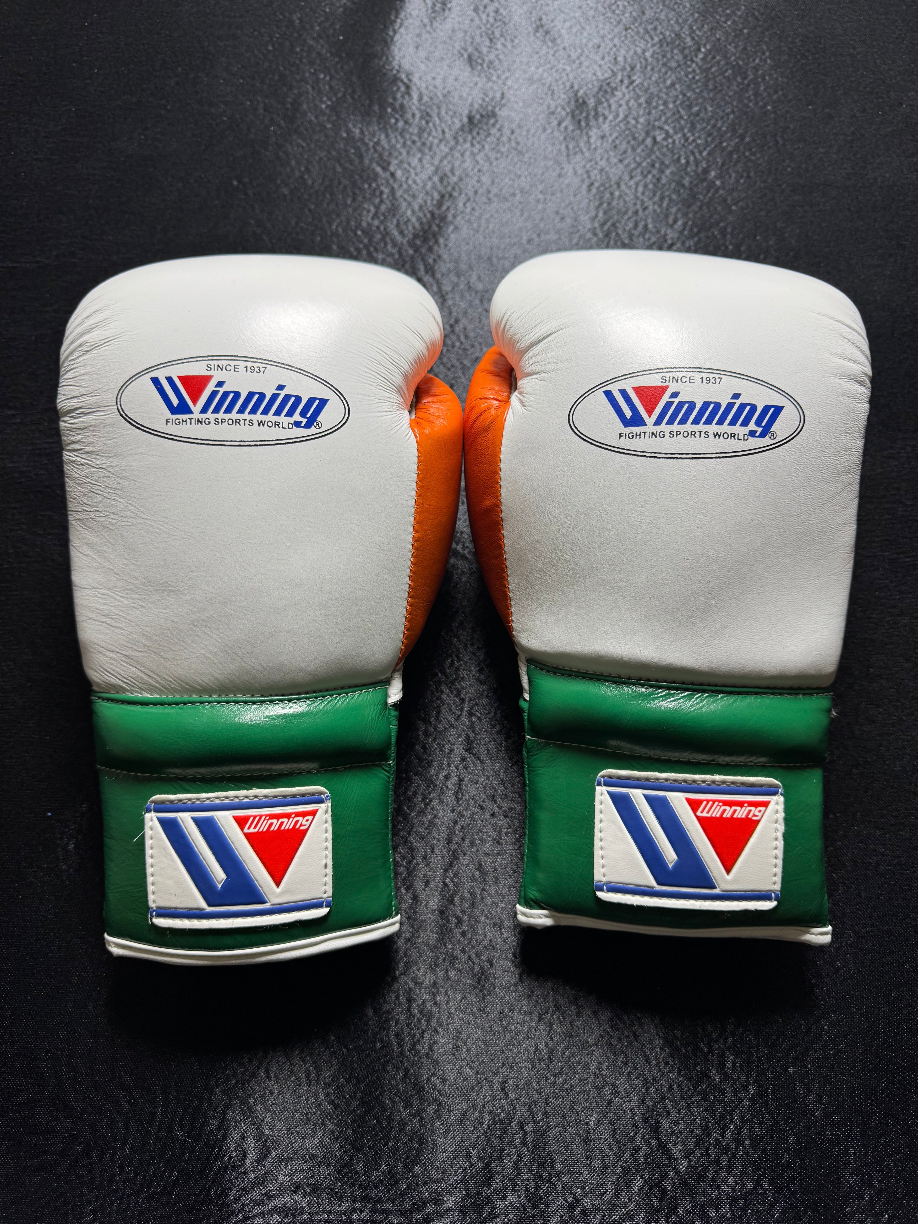 Winning Boxing Gloves White/Green/Orange Lace-Up