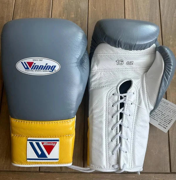 Winning Boxing Gloves Grey/White/Yellow Lace-Up