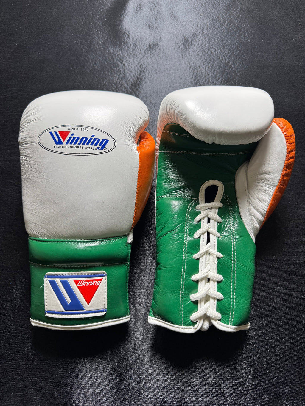 Winning Boxing Gloves White/Green/Orange Lace-Up
