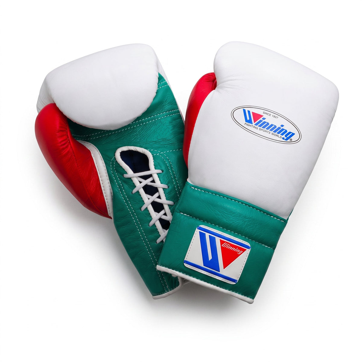 Winning Boxing Gloves White/Green/Red Lace up