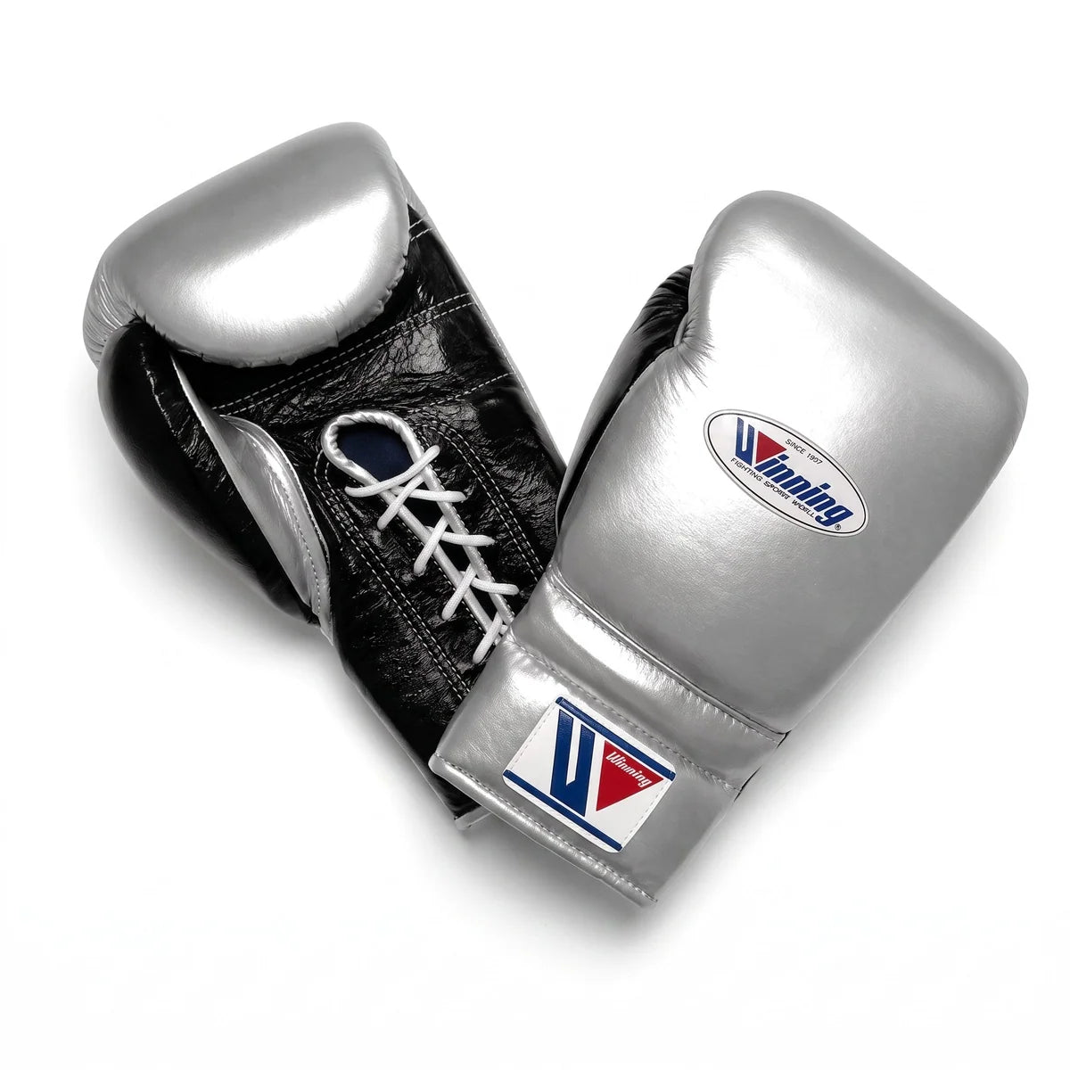 Winning Boxing Gloves Silver/Black/White  Lace up