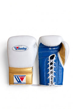 Winning Boxing Gloves White/Golden/Blue Lace up