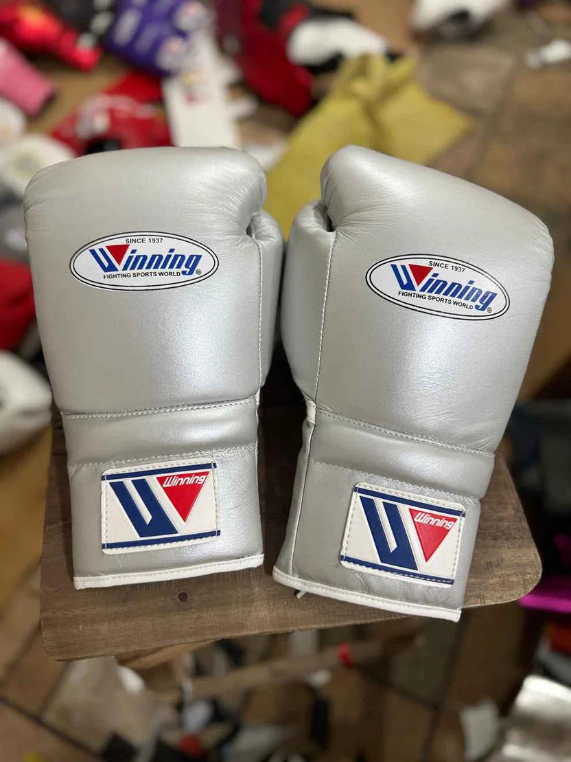 Winning Boxing Gloves Silver Lace up