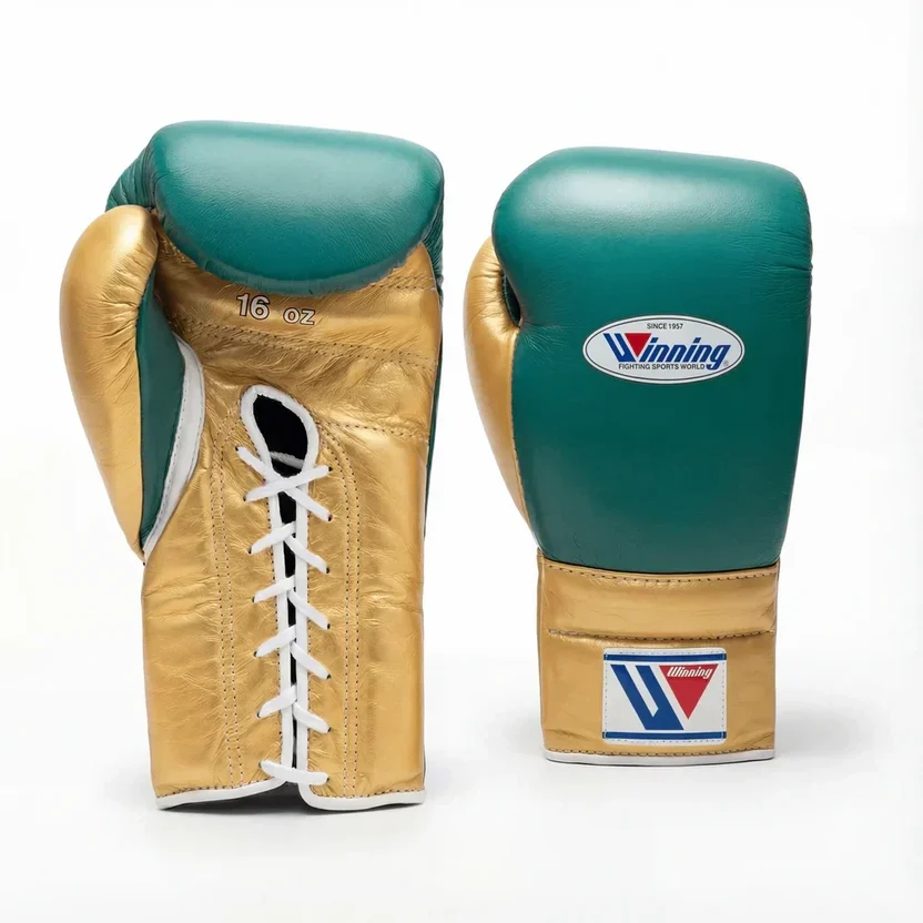 Winning Boxing Gloves Green/ Golden Lace up