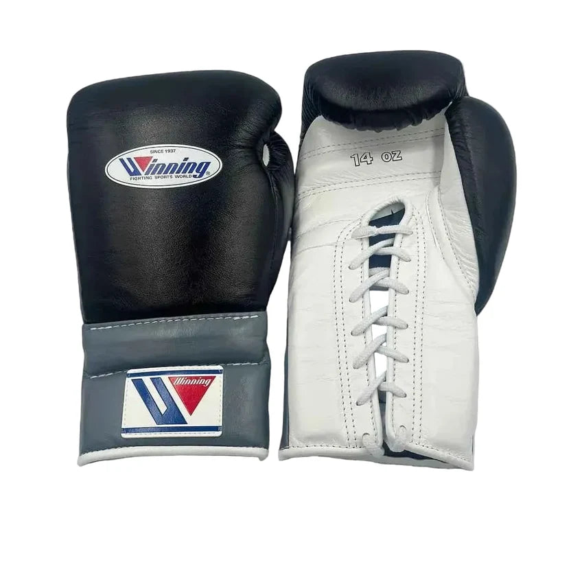 Winning Boxing Gloves Black/Grey/Silver Lace up