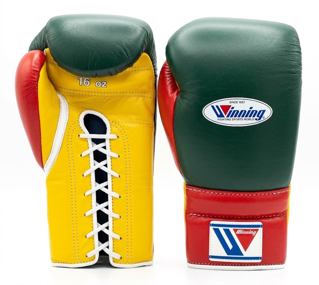 Winning Boxing Gloves Green/Red/Yellow Lace-Up