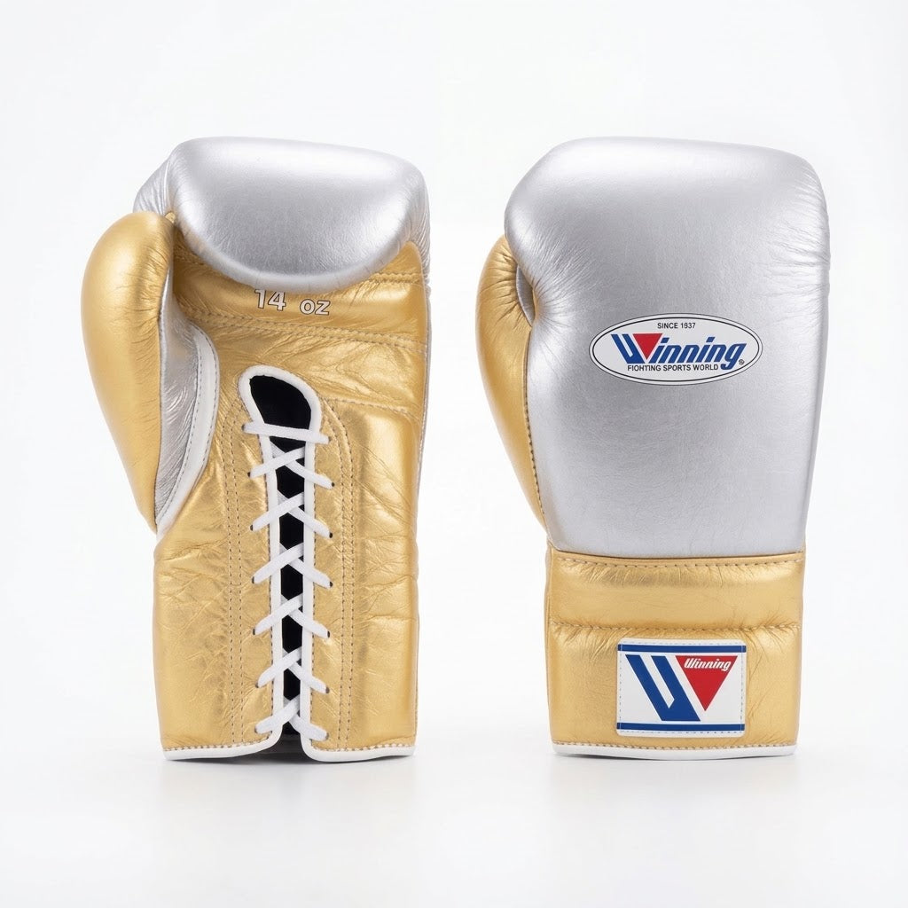 Winning Boxing Gloves Silver/Gold Lace-Up