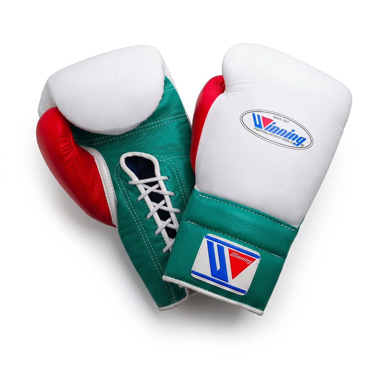 Winning Boxing Gloves White/Green/Red Lace-Up