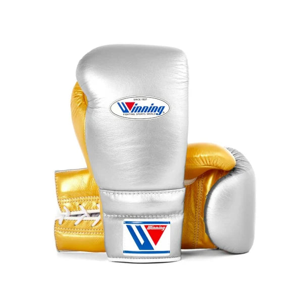 Winning Boxing Gloves Silver/Gold Lace-Up